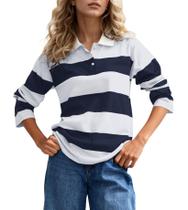 Camisa polo calbática de rúgbi listrada para mulheres de manga comprida Camisa polo calbática de rúgbi listrada para mulheres de manga comprida