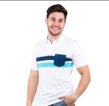 Camisa Polo com bolso na cor branco com azul tamanho P