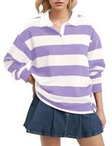 Camisa polo feminina Lenader listrada de manga comprida de algodão roxo