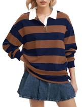 Camisa polo feminina Lenader listrada de manga comprida folgada