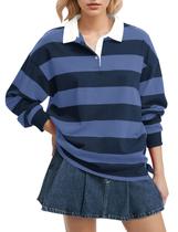 Camisa polo feminina Lenader, manga comprida, listrada, casual, cinza marinho