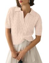 Camisa polo feminina Micoson, manga curta, decote em V, tricotada