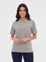Camisa Polo Feminina Oversized Cinza Básica em Malha Leve e Macia, listrada Gola Polo