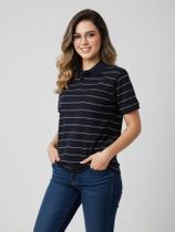Camisa Polo Feminina Oversized Preta Básica em Malha Leve e Macia, listrada Gola Polo
