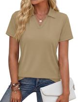 Camisa polo feminina YUCOLEN, manga curta, decote em V, algodão, cáqui Camisa polo feminina YUCOLEN, manga curta, decote em V, algodão, cáqui