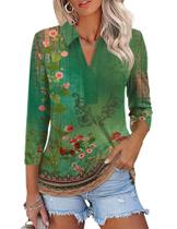 Camisa polo feminina ZHENWEI, casual de negócios, com decote em V, verde, floral Camisa polo feminina ZHENWEI, casual de negócios, com decote em V, verde, floral