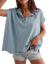 Camisa polo Haellun Oversized para mulheres de verão azul claro