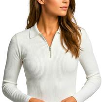Camisa Polo Italiana Manga Longa Feminina Canelada Com Zíper Premium Casual Elegante Estilo Moderno Camisa Polo Italiana Manga Longa Feminina Canelada Com Zíper Premium Casual Elegante Estilo Moderno