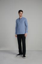 Camisa Polo Manga Longa Piquet Slim Fit - Azul Jeans