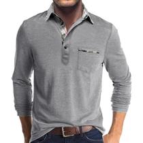 Camisa polo masculina Aulemen de manga comprida com bolso cinza claro Camisa polo masculina Aulemen de manga comprida com bolso cinza claro