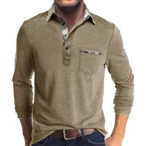 Camisa polo masculina Aulemen de manga comprida com bolso, golfe, cáqui Camisa polo masculina Aulemen de manga comprida com bolso, golfe, cáqui