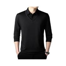 Camisa Polo Masculina Casual Elegante De Manga Longa Em Cor Sólida, Top Versátil Para Negócios, Para