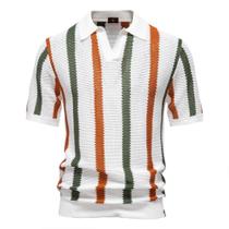 Camisa Polo Masculina De Malha Canelada Respirável Com Listras, Colarinho Confortável, Alta Camisa Polo Masculina De Malha Canelada Respirável Com Listras, Colarinho Confortável, Alta