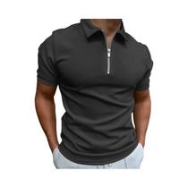 Camisa Polo Masculina De Verão De Cor Sólida Manga Curta Gola Virada Para Baixo Com Zíper Casual