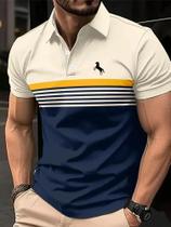 Camisa Polo Masculina Estilo Esportivo De Manga Curta Com Estampa 3D De Cavalo E Listras Coloridas Camisa Polo Masculina Estilo Esportivo De Manga Curta Com Estampa 3D De Cavalo E Listras Coloridas