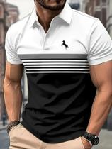Camisa Polo Masculina Estilo Esportivo De Manga Curta Com Estampa 3D De Cavalo E Listras Em Bloco De