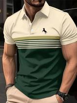 Camisa Polo Masculina Estilo Esportivo De Manga Curta Com Estampa 3D De Cavalo E Listras Em Bloco De