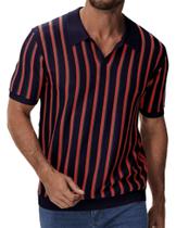 Camisa polo masculina iWoo listrada com decote em V, manga curta, roxa M
