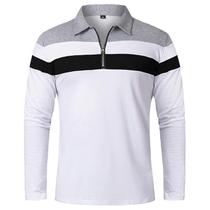 Camisa Polo Masculina Slim Fit De Manga Longa Com Listras, 1/4 Zip, Algodão, Patchwork, Casual, Para