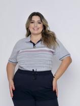 Camisa Polo Plus Size Feminina Oversized Estampa Sortida Cinza MT