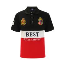 Camisa Polo Slim Fit Masculina Com Bordado E Patchwork Em Cores Contrastantes, Moda Clássica Em