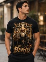 Camisa preta algodão camiseta medalha de são bento santo católico Camisa preta algodão camiseta medalha de são bento santo católico