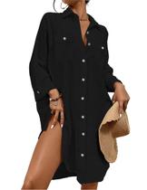 Camisa Preta Bsubseach para Praia com Botões Camisa Preta Bsubseach para Praia com Botões