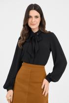 Camisa Preta Plano Com Faixa Removível Mangas Bufantes