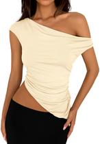 Camisa PRETTYGARDEN 2025 Assimétrica Franzida Crop Top Bege L
