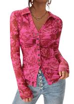 Camisa PRETTYGARDEN 2025 Floral de Manga Longa com Botões XX-Extra Grande