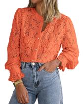 Camisa PRETTYGARDEN de Renda Manga Longa com Botões Laranja P