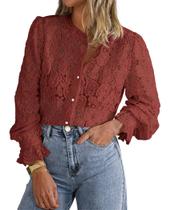 Camisa PRETTYGARDEN de Renda Manga Longa com Botões Marrom Vermelho M Camisa PRETTYGARDEN de Renda Manga Longa com Botões Marrom Vermelho M