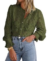 Camisa PRETTYGARDEN de Renda Manga Longa Verde Militar XL