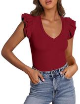 Camisa PRETTYGARDEN Decote V com Babados Sem Mangas Ajustada Vinho M Camisa PRETTYGARDEN Decote V com Babados Sem Mangas Ajustada Vinho M