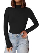 Camisa PRETTYGARDEN Feminina Gola Alta Manga Longa Canelada Preta