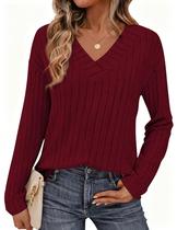 Camisa PRETTYGARDEN Mujer Burdeos Cuello en V de Punto Acanalado Talla L Camisa PRETTYGARDEN Mujer Burdeos Cuello en V de Punto Acanalado Talla L