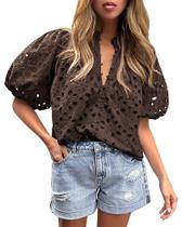 Camisa PRETTYGARDEN Verão Decote V com Botões Renda Marrom G Camisa PRETTYGARDEN Verão Decote V com Botões Renda Marrom G