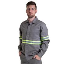 Camisa Profissional Trabalho Brim Aberta Manga Longa Faixa Refletiva Sitel Neon Cinza