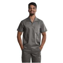 Camisa Profissional Uniforme Trabalho Fechada Mangas Curtas Gola Italiana Cinza Camisa Profissional Uniforme Trabalho Fechada Mangas Curtas Gola Italiana Cinza