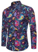 Camisa QZH.DUAO 70s Disco Paisley Floral Vintage para homens