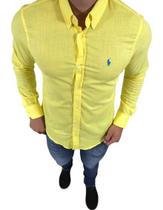 Camisa Ralph Lauren Masculina Custom Fit Classic Amarelo Logo Azul - Polo Ralph Lauren