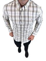 Camisa Ralph Lauren Masculina Custom Fit Classic Xadrez Bege Logo Cinza