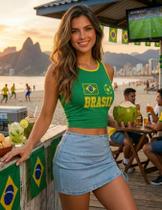 Camisa Regata Feminina Do Brasil Cropped Da Tshirt Basica Estampa Brasil Top Faixa Verde Amarelo