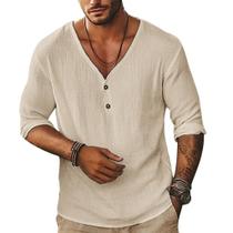 Camisa Rela Bota masculina de linho de manga curta com decote em V cáqui tamanho L