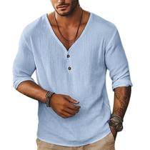 Camisa Rela Bota masculina de linho de manga curta com decote em V com botões Camisa Rela Bota masculina de linho de manga curta com decote em V com botões