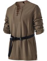 Camisa Renascentista Masculina JEMITOP Retro Lace-Up Coffee M