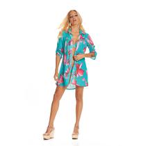Camisa saída de praia, estampa magnólia, chemise, com manga 3/4 Camisa saída de praia, estampa magnólia, chemise, com manga 3/4