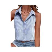Camisa Sem Mangas Listrada Azul plus Size Casual Respirável Para Mulheres, Top De Verão Para Camisa Sem Mangas Listrada Azul plus Size Casual Respirável Para Mulheres, Top De Verão Para