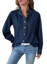 Camisa Sidefeel Chambray, jeans, decote em V, borda com babados, feminina