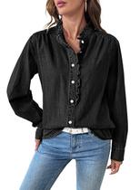 Camisa Sidefeel Denim para mulheres com decote em V com babados, preta, tamanho L